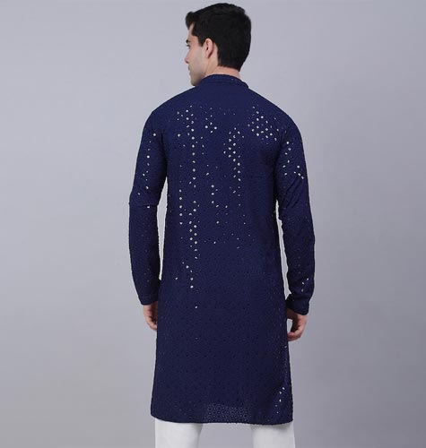 Men Navy Blue Ethnic Motifs Mirror Work Indigo Cotton Kurta